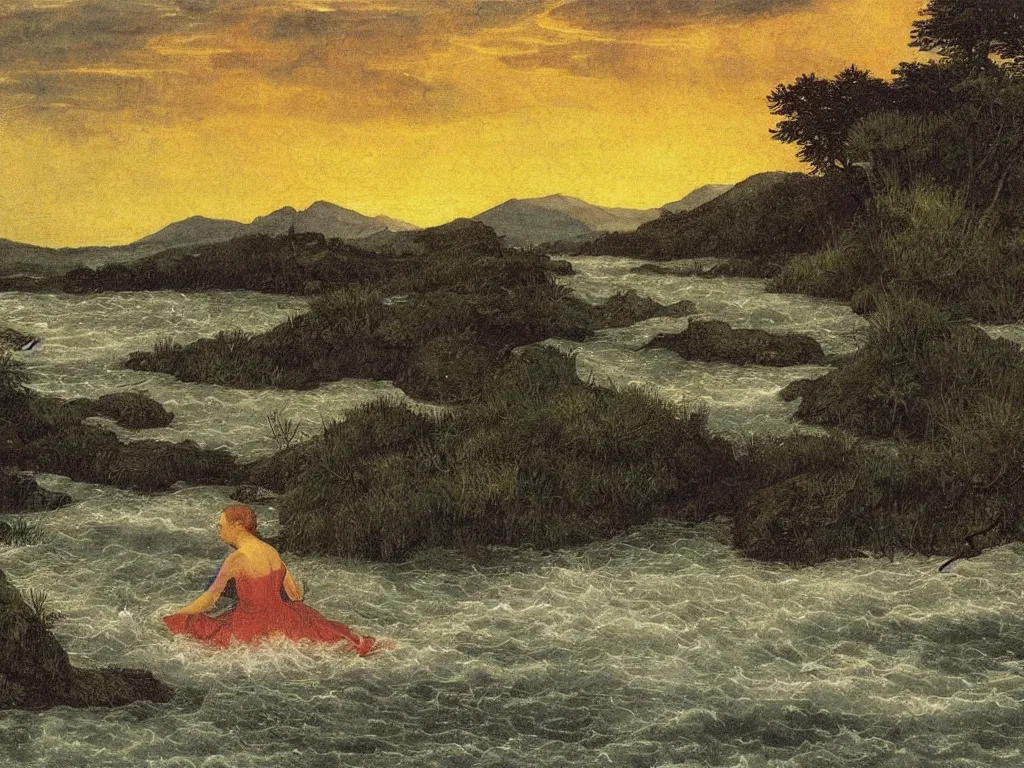 Prompt: Young woman swimming in a turbulent river at sunset. Acacia trees in the wind, blinding lightning strikes. Icy mountains afar. Painting by Lucas Cranach, Caspar David Friedrich