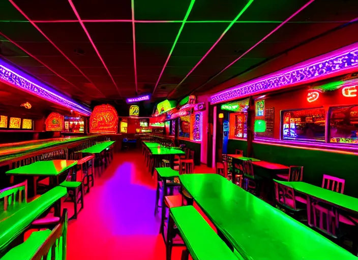 Image similar to photo of a mexican restaurant, neon lights, in a flat snowy field. 35mm. Very detailed 8k. Sharp. Cinematic post-processing. Unreal engine. Nanite. Ray tracing. Parallax. Tessellation