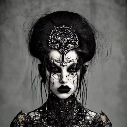 Prompt: a portrait of female model by stefan geselle and nekro borja, photorealistic, intricate details, hyper realistic, dark fantasy, ornate headpiece, dark beauty, photorealistic, canon r 3, photography, wide shot, photography, dark beauty