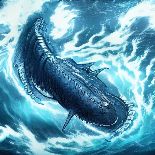 Image similar to top down view of a leviathan emerging from a deep ocean during a storm, cinematic lighting, dramatic, masterpiece, trending on artstation