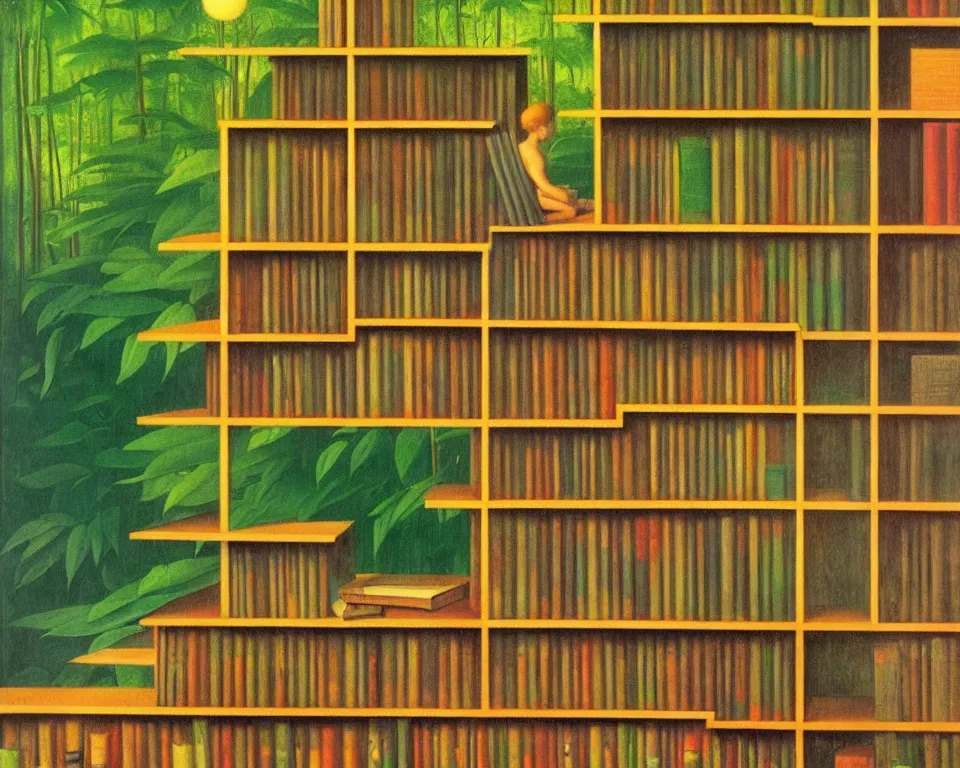 Prompt: one small bookshelf in the rainforest by raphael, hopper, and rene magritte. hyperdetailed, proportional, romantic, enchanting, achingly beautiful, graphic print, trending on artstation.