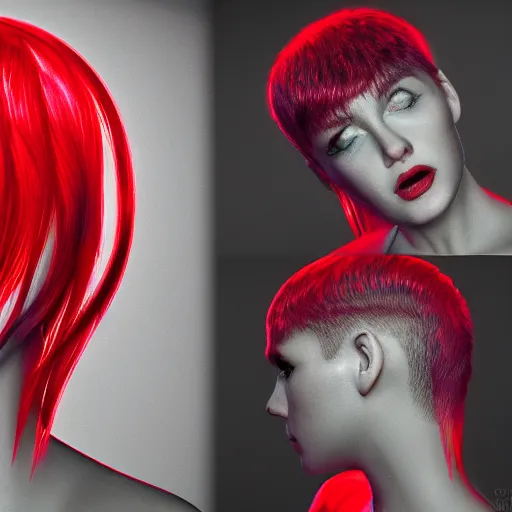 Image similar to fantsy haircut, detailed, photograph, award wining, red and white, trending on artstation, 4 k, neon highlights