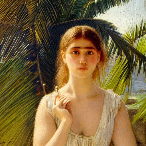 Image similar to a ultradetailed beautiful painting of a girl in the amazonas palace designed by jules bastien - lepage, hans belmer, frank weston and gustave baumann, beach, trending on artstation, mediterranean, palm trees, light sparkles, sharp focus, soft light, 8 k 4 k