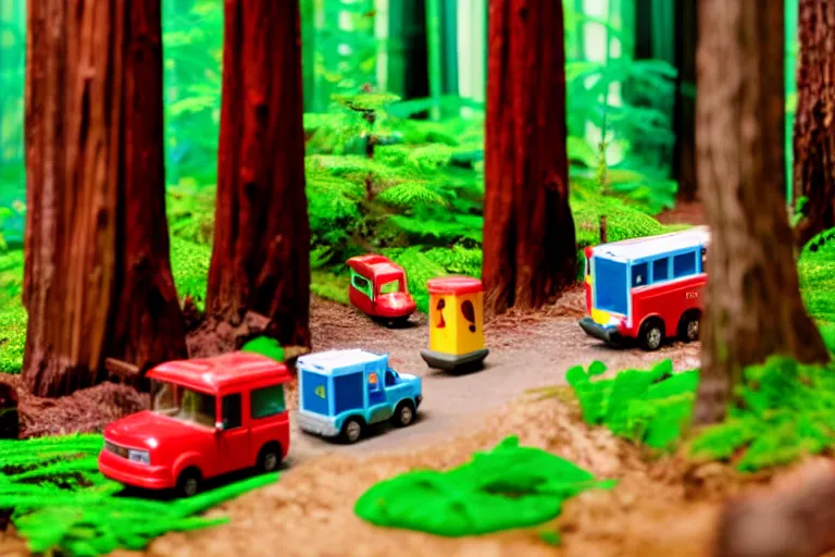 Image similar to fisher price redwood forest, california scene from tv show hyper detailed 5 5 mm 8 5 mm, toy photography, made out of plastic