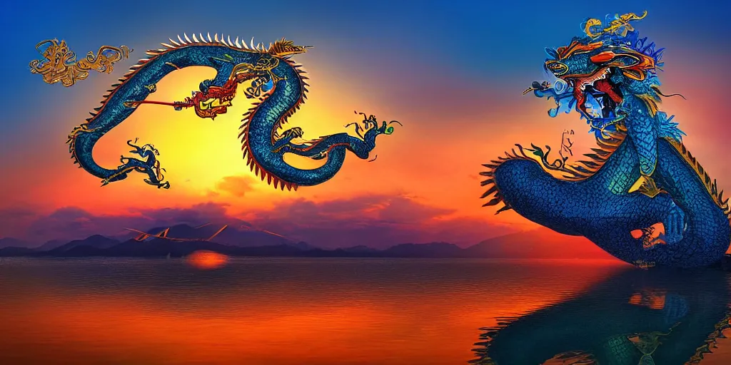 Prompt: fantastic chinese dragon flying over a lake, hd, 4 k, beautiful colors, sunset