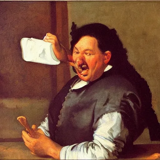 Image similar to a painting of a frustrated painter eating ice cream in diego velazquez style