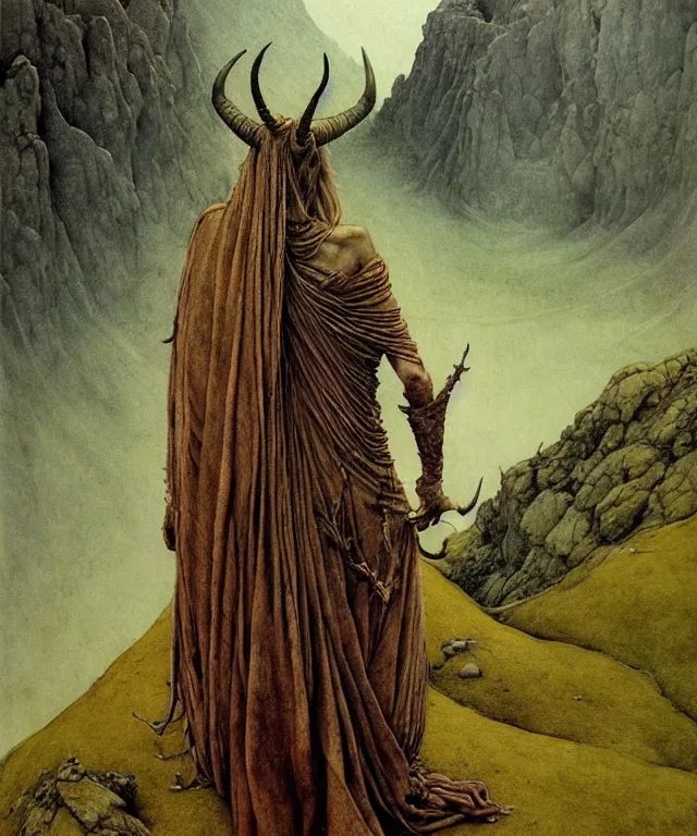 Image similar to A detailed horned goatwoman stands among the hills. Wearing a ripped mantle, robe. Perfect faces, extremely high details, realistic, fantasy art, solo, masterpiece, art by Zdzisław Beksiński, Arthur Rackham, Dariusz Zawadzki