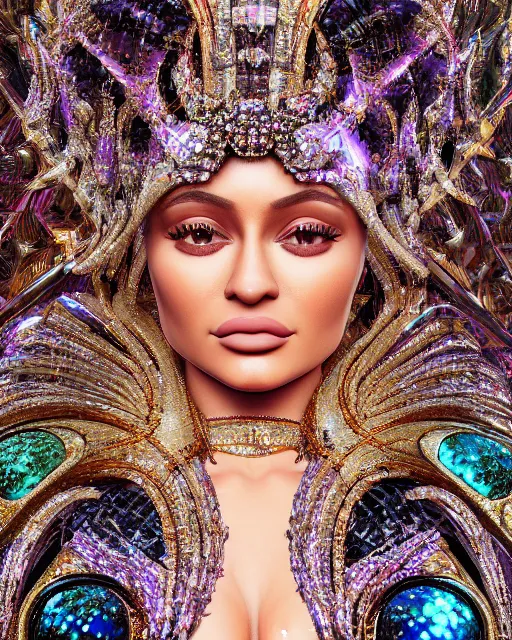 Image similar to a highly detailed metahuman 8 k close up render of kylie jenner renaissance in iris van herpen dress schiaparelli in diamonds crystals swarovski and jewelry iridescent in style of alphonse mucha gustav klimt trending on artstation made in unreal engine 4