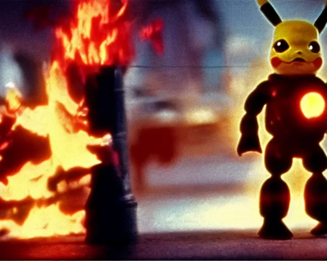 Image similar to Terminator pikachu on fire, scene from the 1980s film, still form the fiml