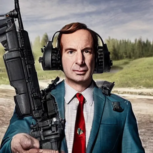 Prompt: Saul Goodman wearing heavy modern military gear and (holding a machine gun), highly detailed, 4k