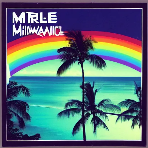 Image similar to miracle musical Hawaii part ii album cover, showing an ocean in the background, spiral transparent stairs on the left with tall palm trees behind it, a slight rainbow in the background, white outline border, moon in the right top area black and white except for the rainbow album cover