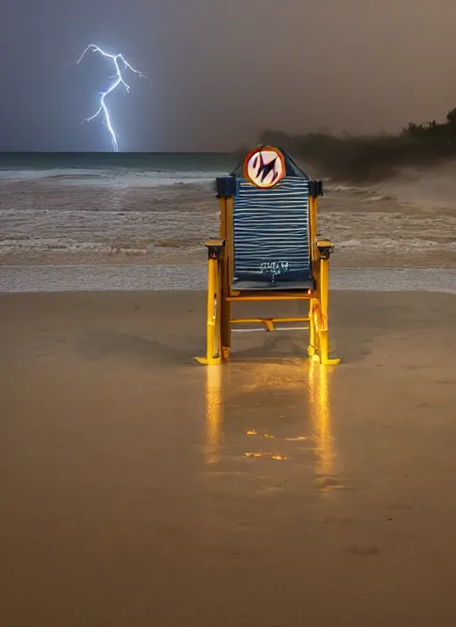 Image similar to a 2 8 mm macro photo of lightning striking a lifeguard chair at the beach, long exposure, misty, night, splash art, movie still, bokeh, canon 5 0 mm, cinematic lighting, dramatic, film, photography, golden hour, depth of field, award - winning, anamorphic lens flare, 8 k, hyper detailed, 3 5 mm film grain