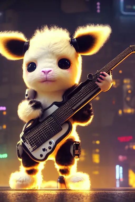 Image similar to high quality 3 d render very cute fluffy! cyborg cow plays guitar, cyberpunk highly detailed, unreal engine cinematic smooth, in the style of blade runner & detective pikachu, hannah yata charlie immer, moody light, low angle, uhd 8 k, sharp focus