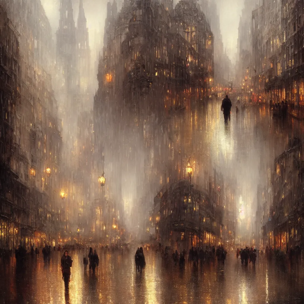 Image similar to a beautifull intricate city, wet sidewalk, people, reflections, raindrops, high details, art by william turner, by greg rutkowski and by alphonse mucha, trending on artstation, extremely detailed, masterpiece