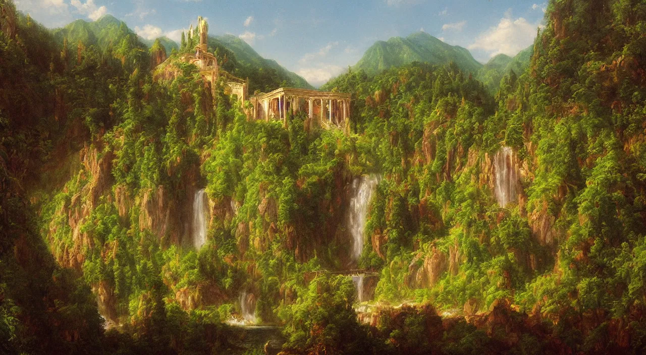 Prompt: Rivendell painted in the style of Thomas Cole, oil painting, wide angle, highly detailed