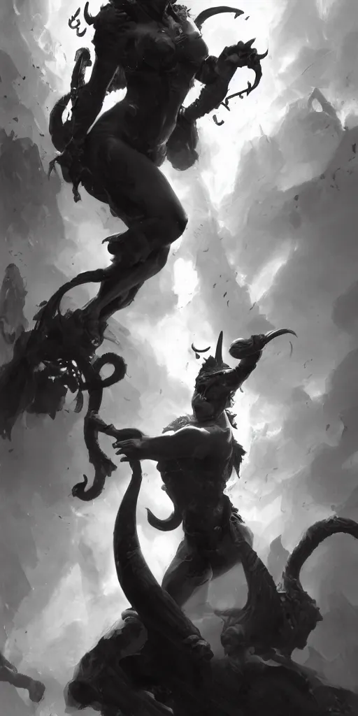 Image similar to highly detailed beautiful black and white photography of a tiefling, sharp focus, dynamic lighting, elegant harmony, beauty, masterpiece, by riccardo federici, by craig mullins, by greg tocchini, by greg rutkowski