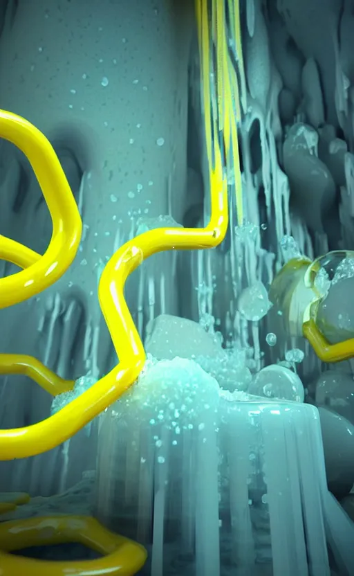 Image similar to liquid nitrogen with yellow water-cooling coolant flowing through latent representations of yellow ice caverns by centrifugal forces, computer circuitry sticking out the walls!!!!, high detail, high contrast!, low-poly elements!!!, trending on artstation, octane render, subsurface scattering, ray-tracing, 4k