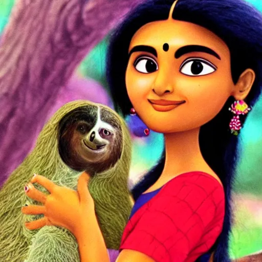 Image similar to a beautiful indian woman cottagecore holds a cute sloth, 1 9 9 0's disney animated, highly detailed, still from movie