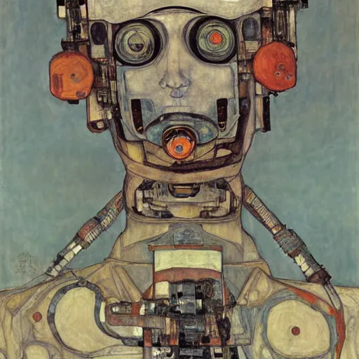 Image similar to portrait of a robot by egon schiele in the style of greg rutkowski