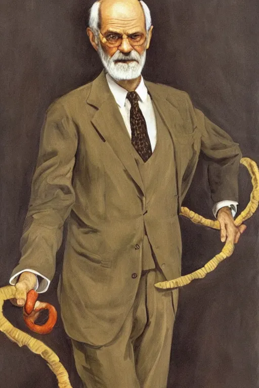 Prompt: portrait of sigmund freud wearing suit coat and tie and skirt made of bananas, doing the hula hoop, by frank mccarthy, by lucian freud