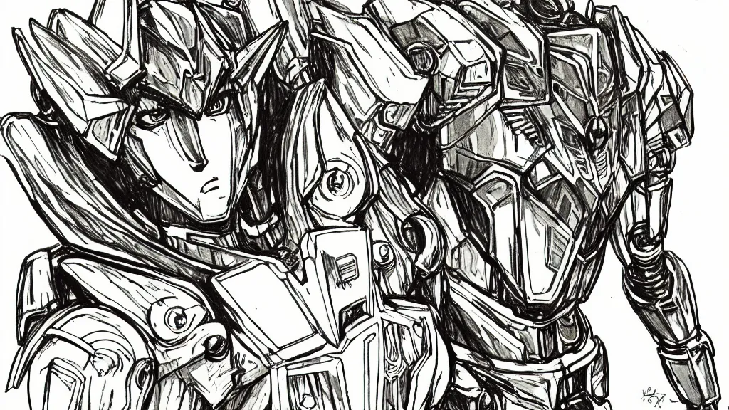 Prompt: prompt: human Fragile looking character portrait face, Human inside modernistic looking armor with wild hairstyle, inspired by Evangeleon and Gundam anime, ink detailed line drawing, intricate detail, high detail, manga 1980, poster composition