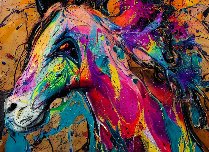 Image similar to abstract expressionist mid shot portrait of a horse made of very thick impasto paint and acrylic pour and coloured powder explosion and splashing paint and dripping paint and flying paint chunks, eyes closed or not visible, expressing strong emotions, art by antony micallef, motion blur, hyperrealistic, intricate art photography, anatomically correct, realistic crisp textures, 1 6 k