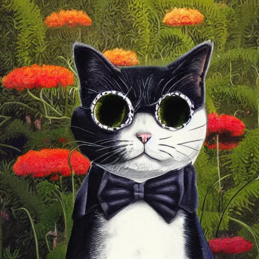 Image similar to a cat with a monocle and a suit in the style of wlop, portrait, overgrown by plants. this oil painting by the award - winning mangaka has interesting color contrasts, plenty of details and impeccable lighting