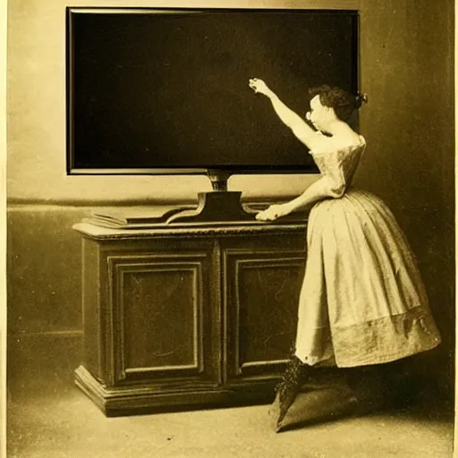 Prompt: 1 7 0 0 s photo of a person watching a flat screen hd tv