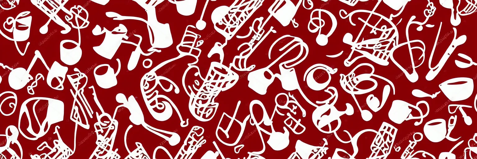 Prompt: seamless pattern design, coffee and musical instrument, simple, red and white,