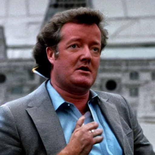 Prompt: Piers Morgan as a supervillain from the 1980s, movie still, epic quality. sharp focus, intense detail, dramatic, cinematic, 8k, serious,