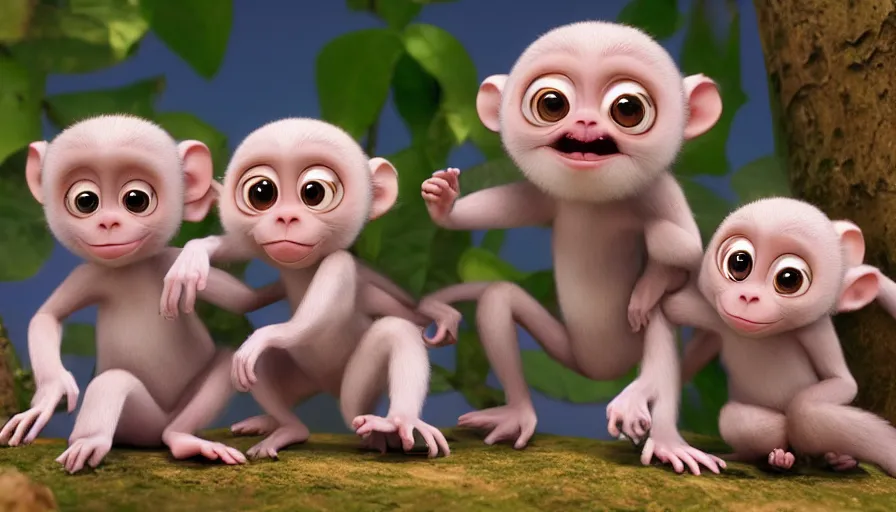 Image similar to very very very cute baby monkeys by Max Kostenko and Bobby Chiu, disney, pixar, MPC, Framestore, character design for animation, uplight, a lineup of characters, big disney eyes, symmetrical eyes, cuteness, 3d render, octane rendered, rendered by maya and houdini, highly detailed, unreal engine, Trending on Artstation, octane render, 4k, 8k, HD