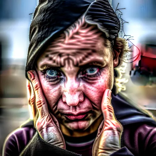 Image similar to photographic portrait of a poor techwear woman holding back tears, a futuristic shanty town burns in the background, closeup, sigma 85mm f/1.4, 4k, depth of field, high resolution, 4k, 8k, hd, full color