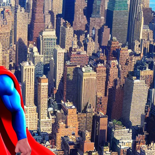 Image similar to Superman flying over New York, drops his sandwish