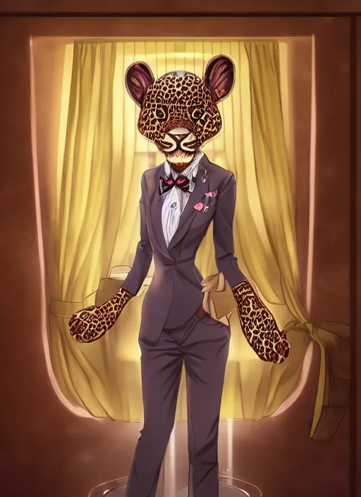 Prompt: commission of a beautiful portrait of a female anthro leopard fursona wearing a dress shirt and bowtie in a futuristic casino. character design by Kinoshita Jiroh, Hyaku. Detailed, soft lighting, rendered in octane