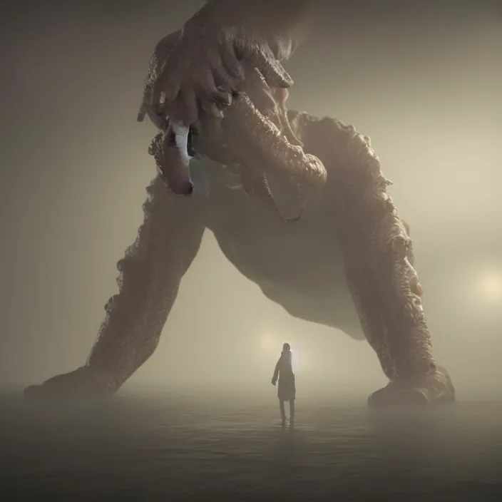 Image similar to a lovecraftian monster emerges out of the clouds, volumetric lighting, fog, atmospheric, high resolution, rendering, octane, redshift