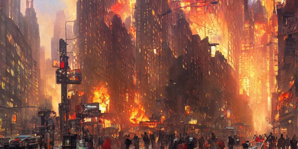 Image similar to New York on fire, by Stanley Artgerm Lau , greg rutkowski, thomas kindkade, alphonse mucha, loish, norman rockwell