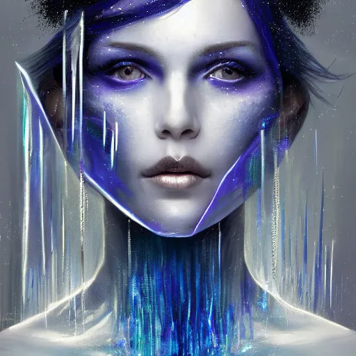 Image similar to masterpiece portrait of an aesthetic mage woman, ice spell, 3 0 years old woman, thin facial features, black dynamic hair, wearing silver diadem with blue gems inlays, silver necklace, painting by joachim bergauer and magali villeneuve, atmospheric effects, chaotic blue sparks dynamics in the background, intricate, artstation, fantasy