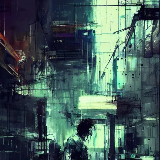 Image similar to a cyberpunk, wires, machines, in a dark future city by jeremy mann, francis bacon and agnes cecile, ink drips, paint smears, digital glitches glitchart c - 1 0