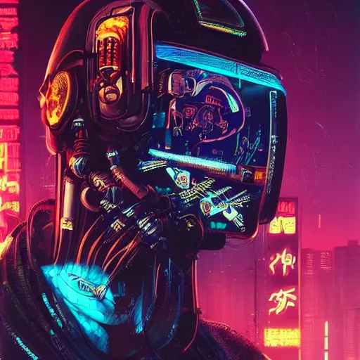 Image similar to cyberpunk robot tiger, big jaws and neon lights, metal exposed and wires, highly detailed cyberpunk 2 0 7 7 and beksinski style painting