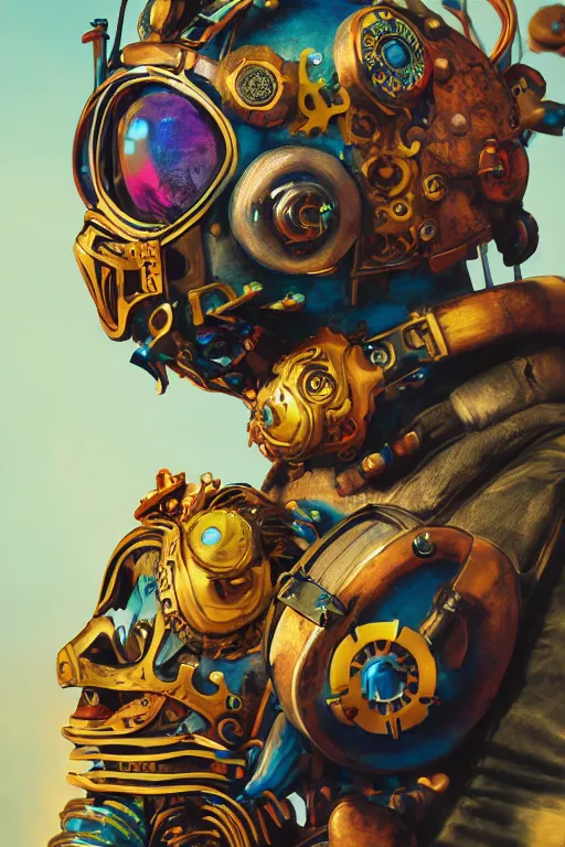 Image similar to colorful vivid steampunk mask minimalist fantasy art robot ninja helmet, global illumination ray tracing hdr fanart arstation by sung choi and eric pfeiffer and gabriel garza and casper konefal