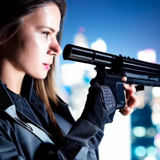 Prompt: photographic portrait of a techwear woman holding a shotgun, closeup, on the rooftop of a futuristic city at night, sigma 85mm f/1.4, 4k, depth of field, high resolution, 4k, 8k, hd, full color, Die Hard, movies with guns, movie firearms, face closeups