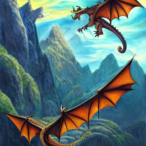 Image similar to dragons circling a tall mountain spire, fantasy art