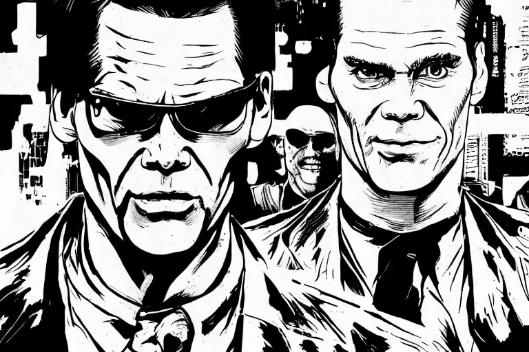 Image similar to jim carrey in the matrix, a page from cyberpunk 2 0 2 0, style of paolo parente, style of mike jackson, adam smasher, johnny silverhand, 1 9 9 0 s comic book style, white background, ink drawing, black and white