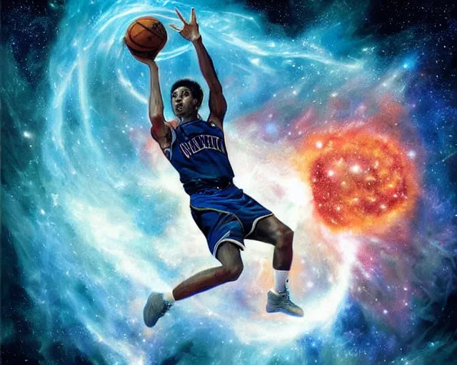 Image similar to cosmic basketball player dunking a basketball hoop in a nebula, an oil painting, by ( leonardo da vinci ) and greg rutkowski and rafal olbinski ross tran award - winning magazine cover