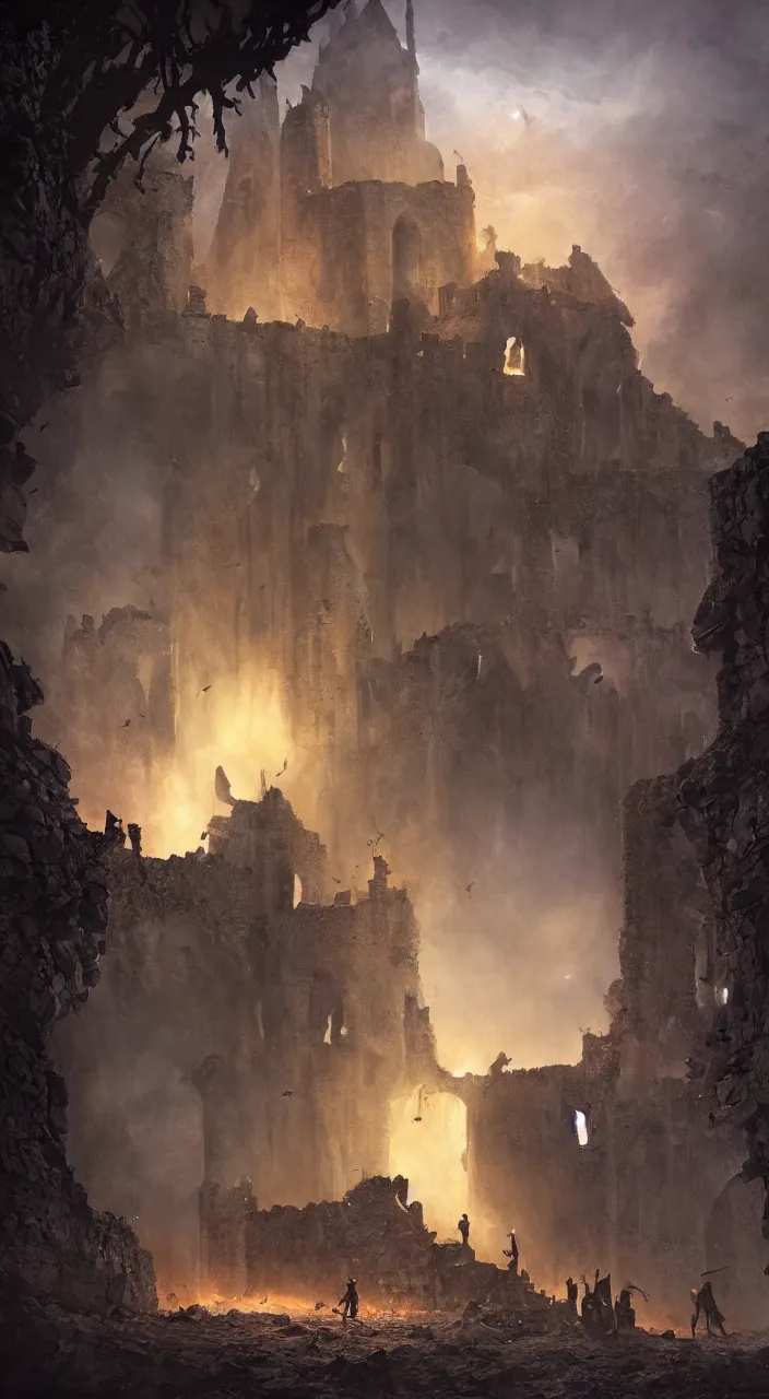 Image similar to a dragon attacking five medieval explorers inside a ruined castle, ruined medieval architecture, magic, dark atmosphere, mist, vivid lighting, complementary colors, highly detailed, 8 k matte painting, cinematic lighting, artstation, by marc simonetti, by chris cold, by vladimir manyukhin, octane render