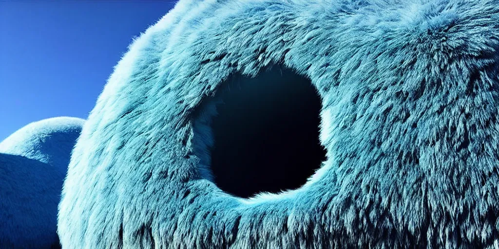 Prompt: a strange huge translucent pvc inflated organic architecture building with blue fluffy fur inside by anish kapoor sits in the rock mountains, film still from the movie directed by denis villeneuve with art direction by zdzisław beksinski, close up, telephoto lens, shallow depth of field