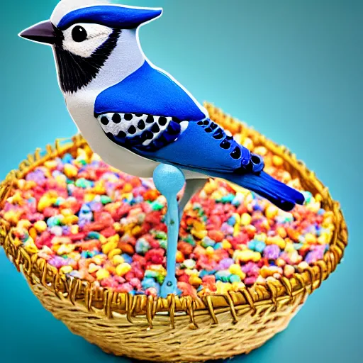 Image similar to A photograph of a (photorealistic blue jay) standing on a large basket of rainbow macarons.