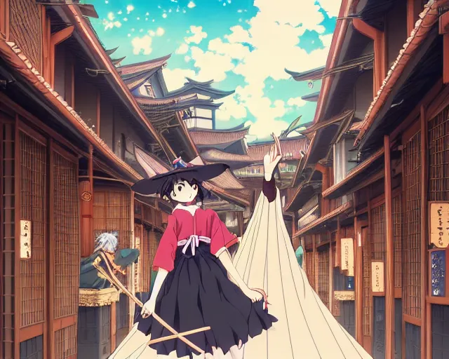 Image similar to key anime visual portrait of a young female witch walking through a busy village, yoshitoshi abe, dynamic pose, dynamic perspective, cinematic, dramatic lighting, muted colors, detailed silhouette, textured, anime proportions, kyoto animation, anmi,