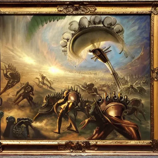 Image similar to alien invasion, fall of rome, epic painting