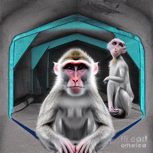 Prompt: two macaques looking at each other inside alien base, digital art, soft shadows, creepy art